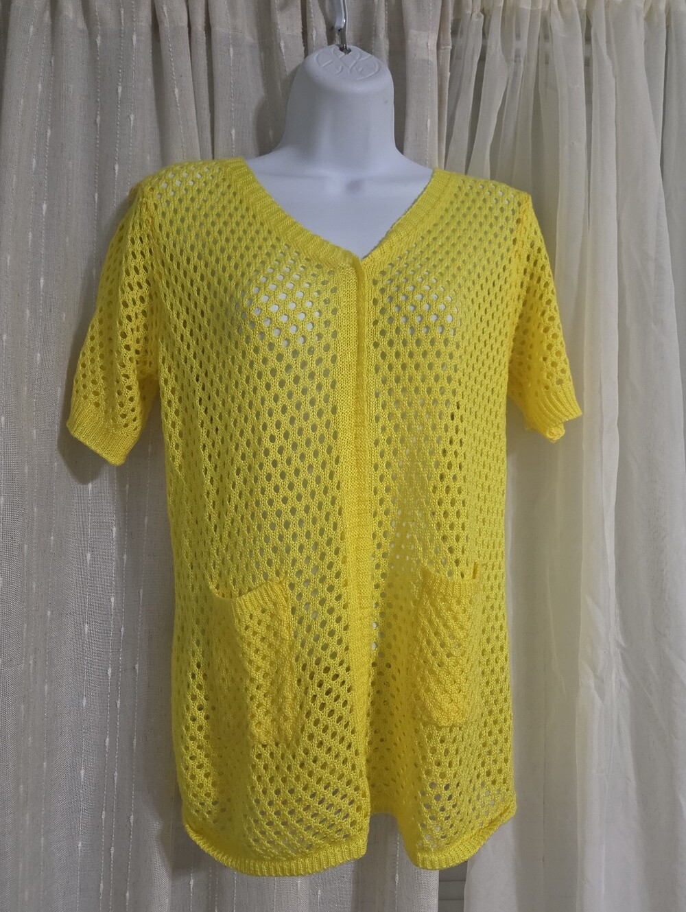 Bright Yellow Open-Knit Short Sleeve Cardigan